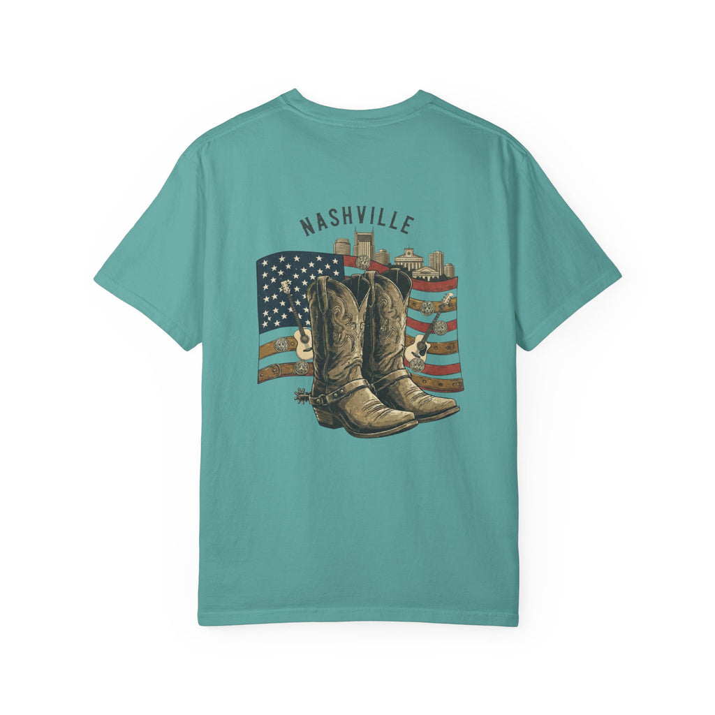 Nashville Cowboy Boots T-Shirt — Vintage American Flag Graphic