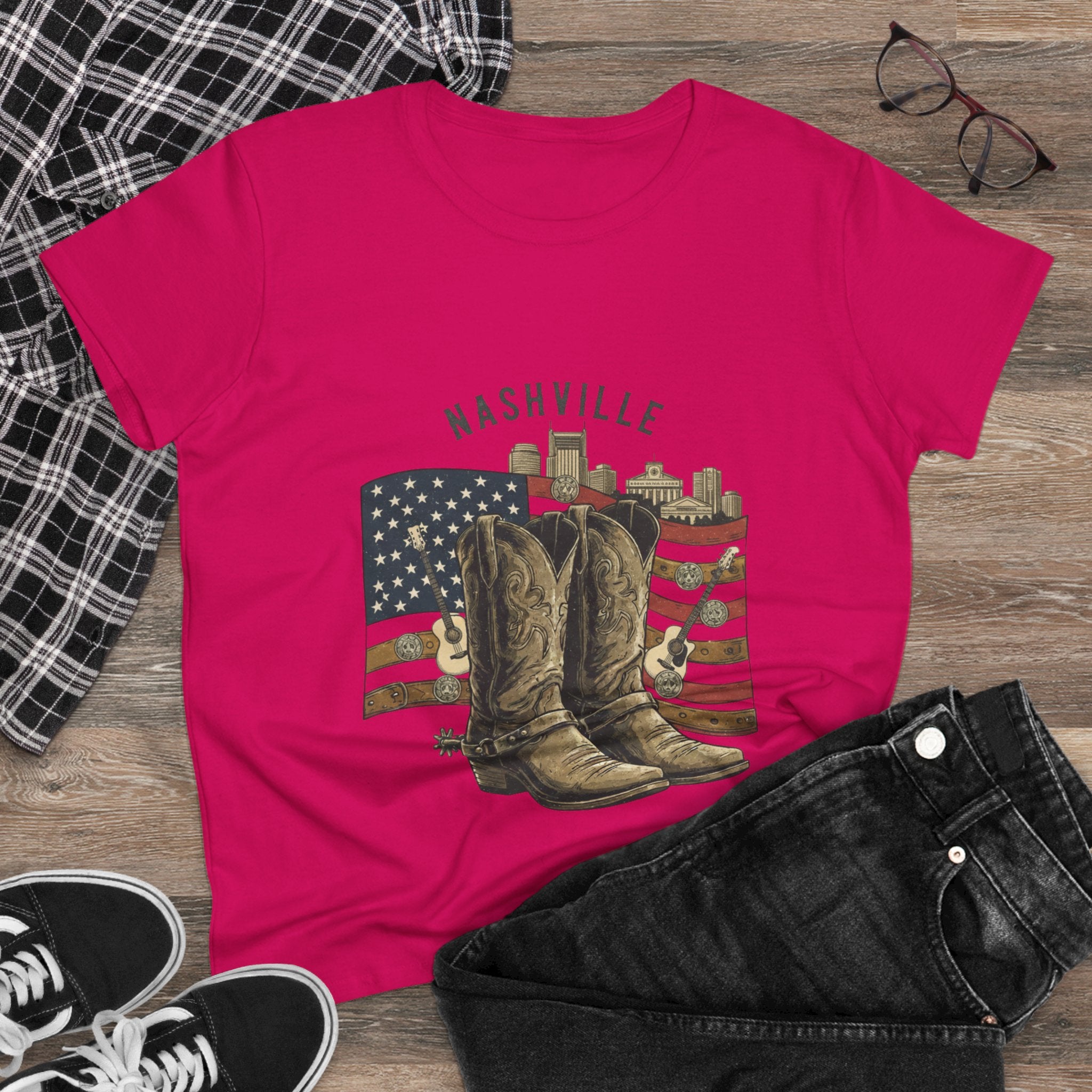 Woman’s Nashville Cowboy Boots Tee — American Flag Western Women's T-Shirt