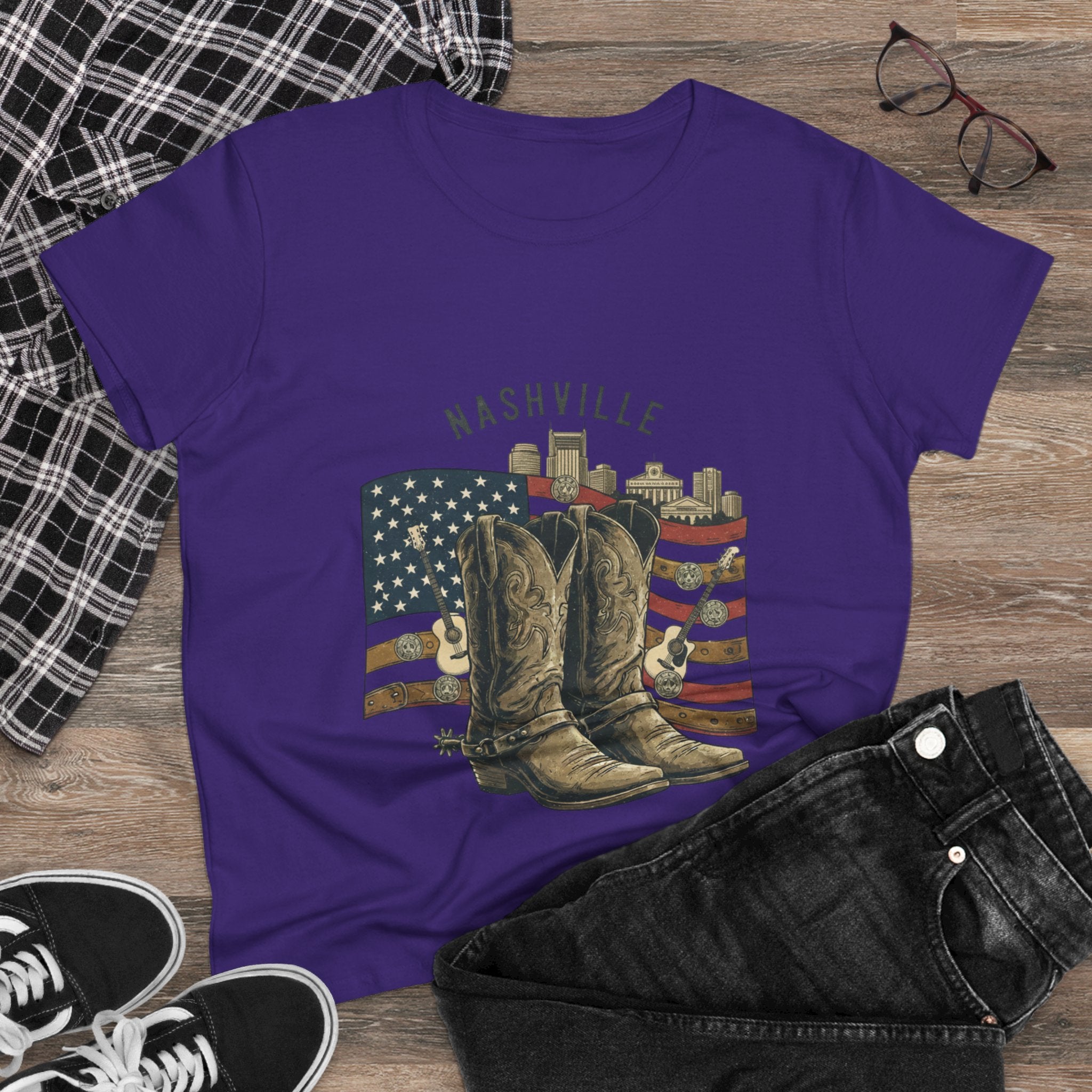 Woman’s Nashville Cowboy Boots Tee — American Flag Western Women's T-Shirt