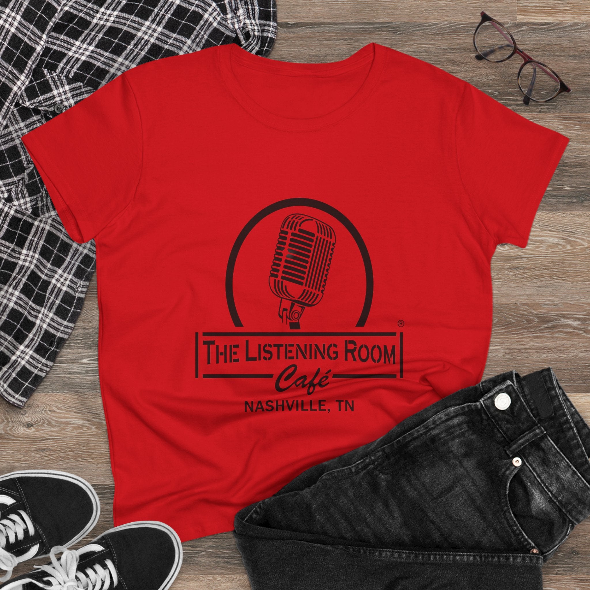 Woman’s Listening Room Café Nashville T‑Shirt — Retro Microphone Logo Tee