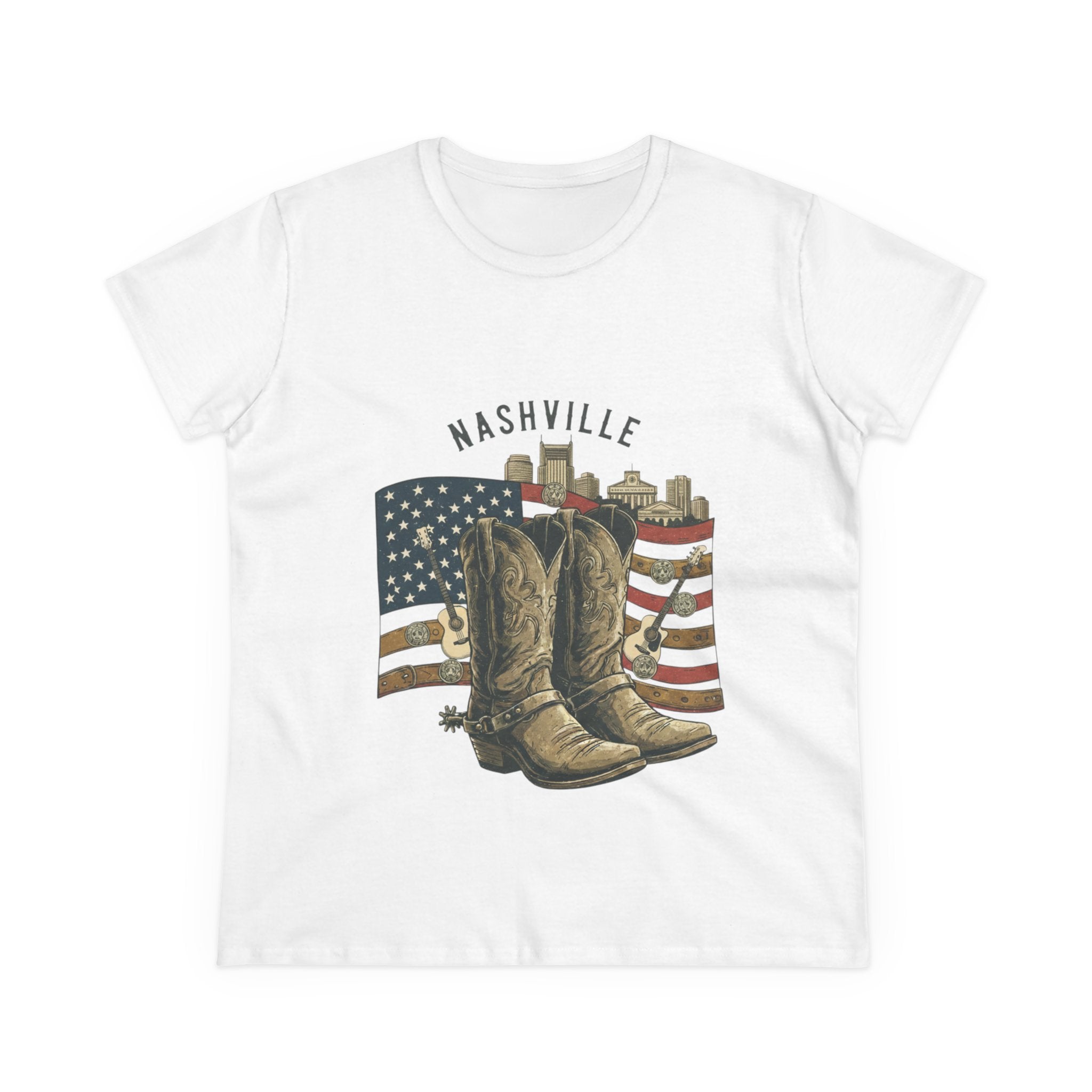 Woman’s Nashville Cowboy Boots Tee — American Flag Western Women's T-Shirt