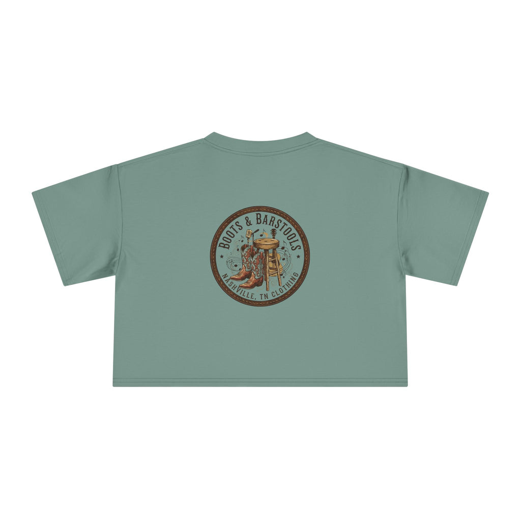 Western Boots & Barstools Crop Tee — Vintage Cowboy Rodeo Graphic