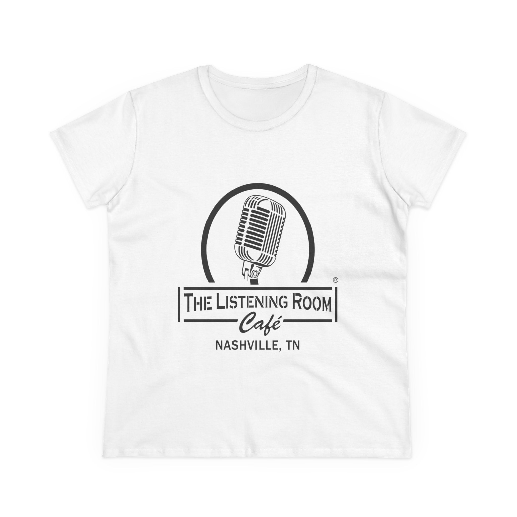 Woman’s Listening Room Café Nashville T‑Shirt — Retro Microphone Logo Tee
