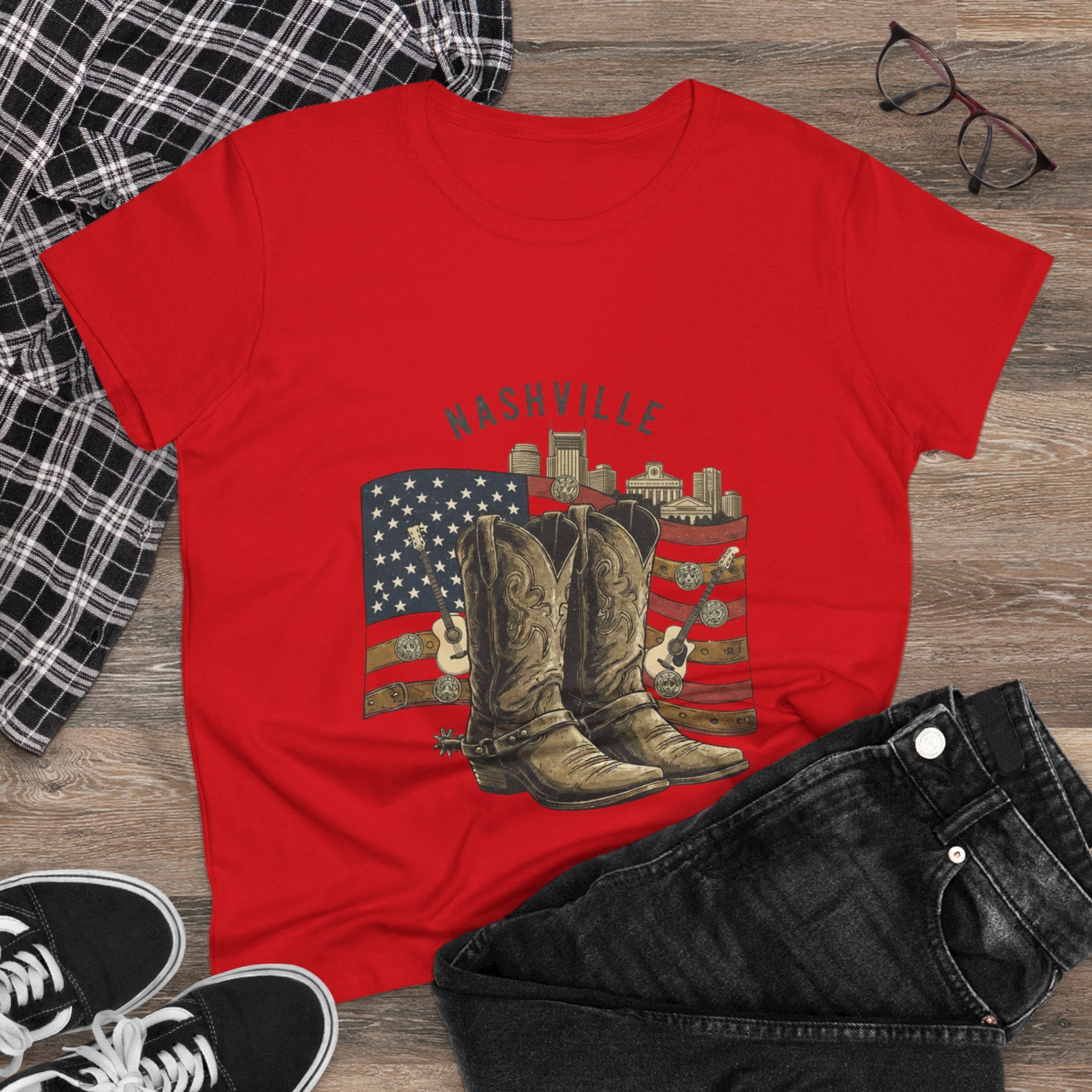 Woman’s Nashville Cowboy Boots Tee — American Flag Western Women's T-Shirt