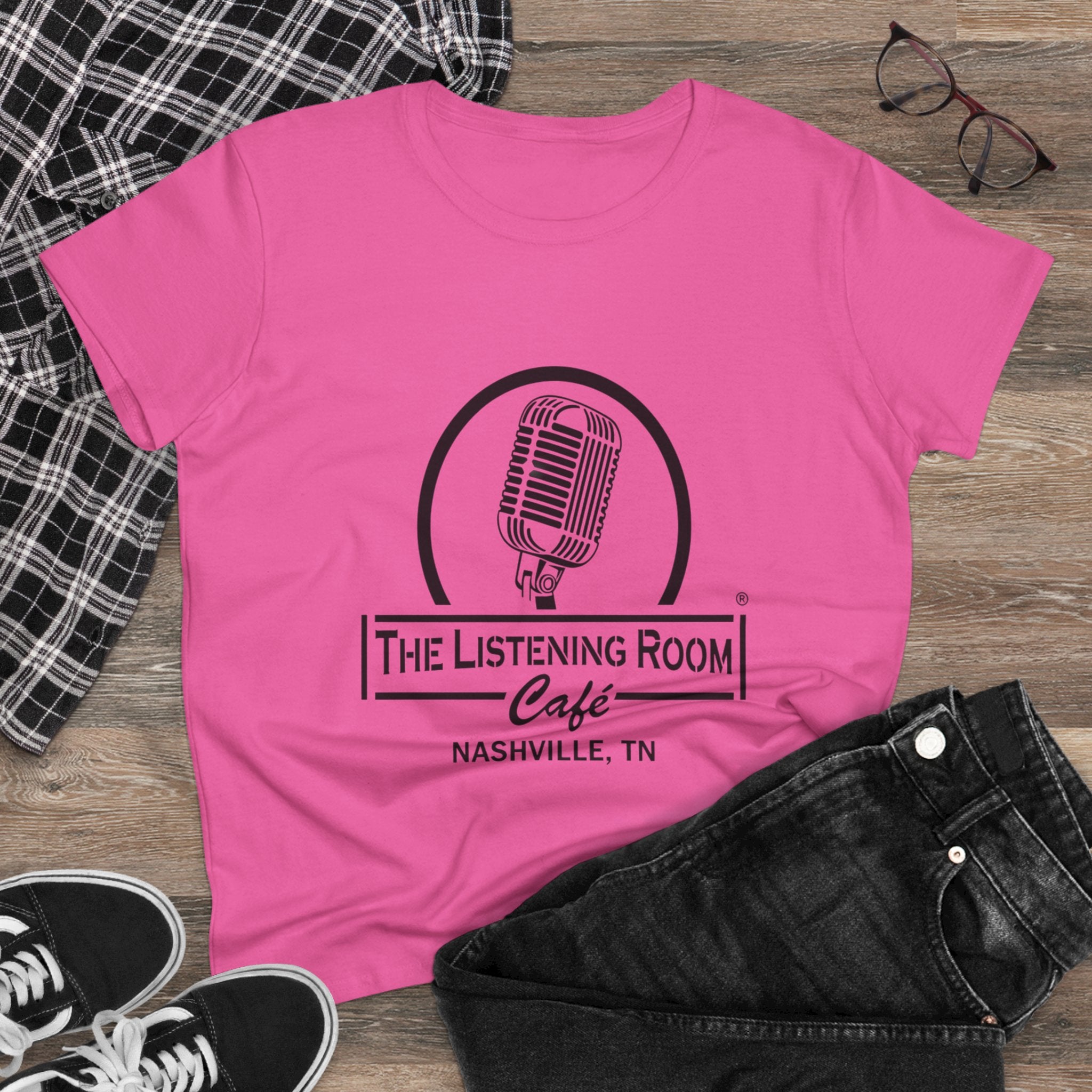 Woman’s Listening Room Café Nashville T‑Shirt — Retro Microphone Logo Tee
