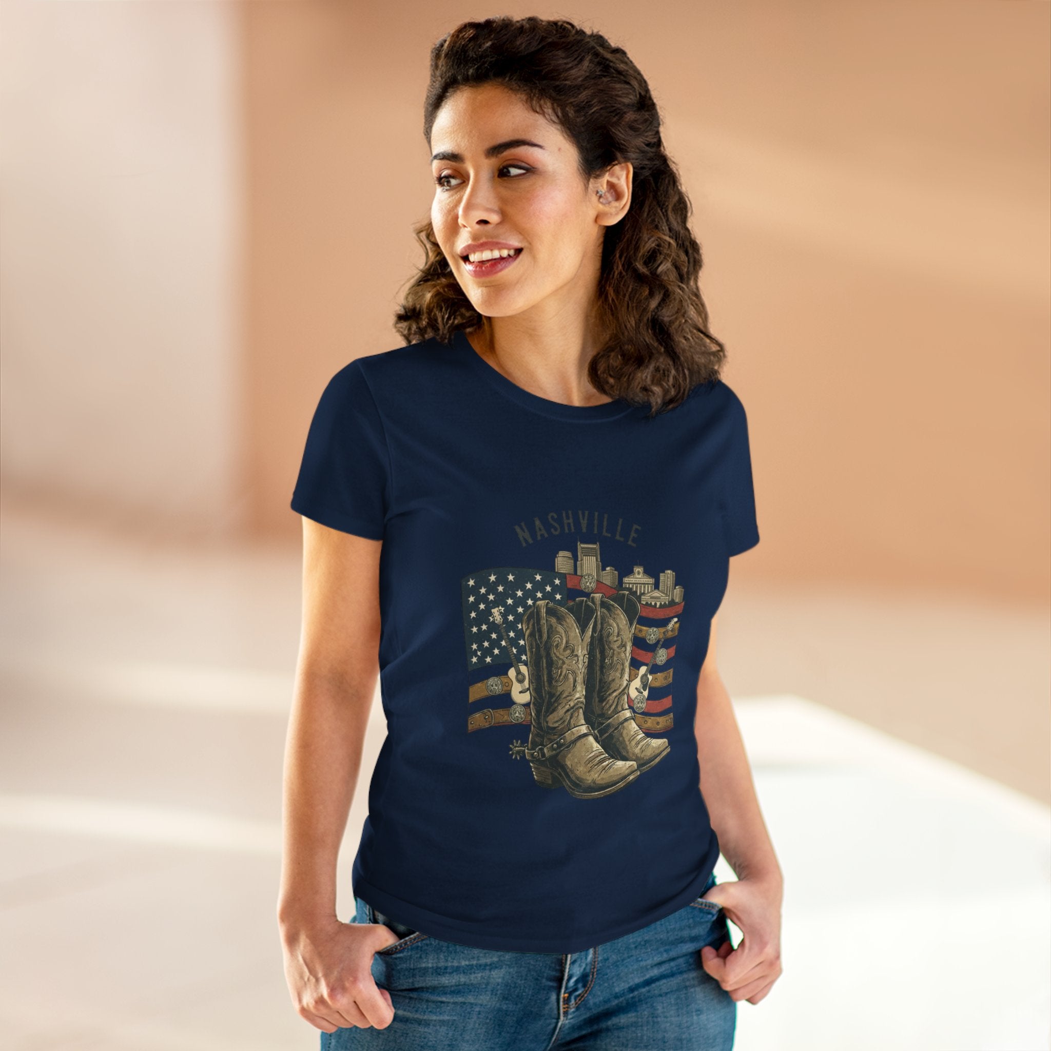 Woman’s Nashville Cowboy Boots Tee — American Flag Western Women's T-Shirt