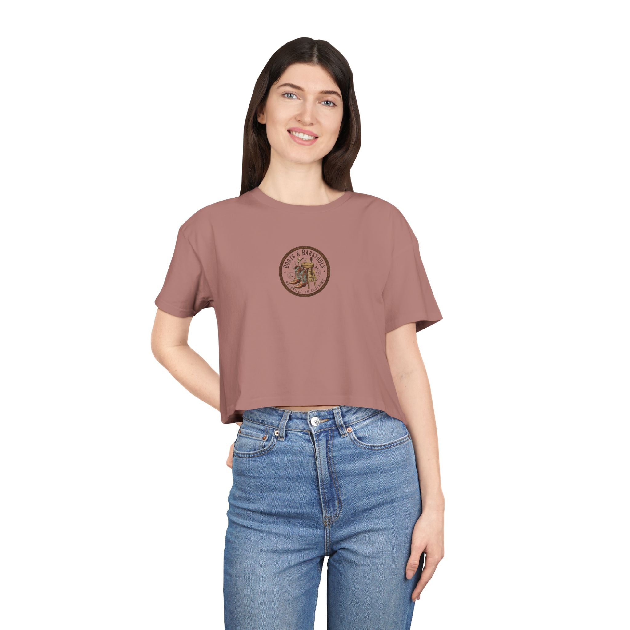 Western Boots & Barstools Crop Tee — Vintage Cowboy Rodeo Graphic