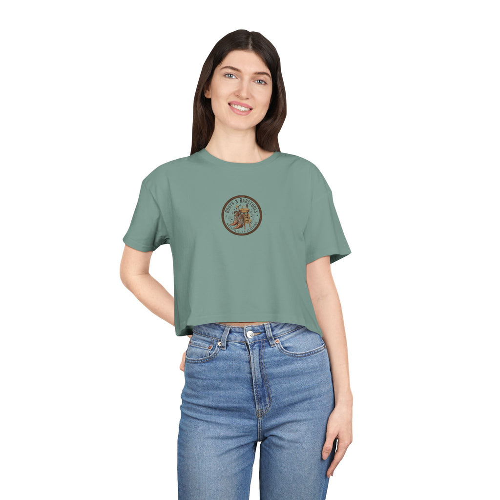 Western Boots & Barstools Crop Tee — Vintage Cowboy Rodeo Graphic