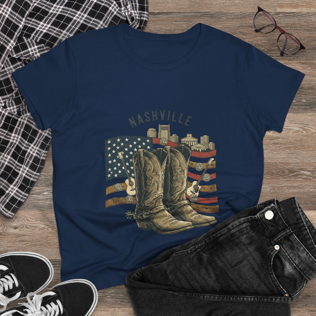 Woman’s Nashville Cowboy Boots Tee — American Flag Western Women's T-Shirt