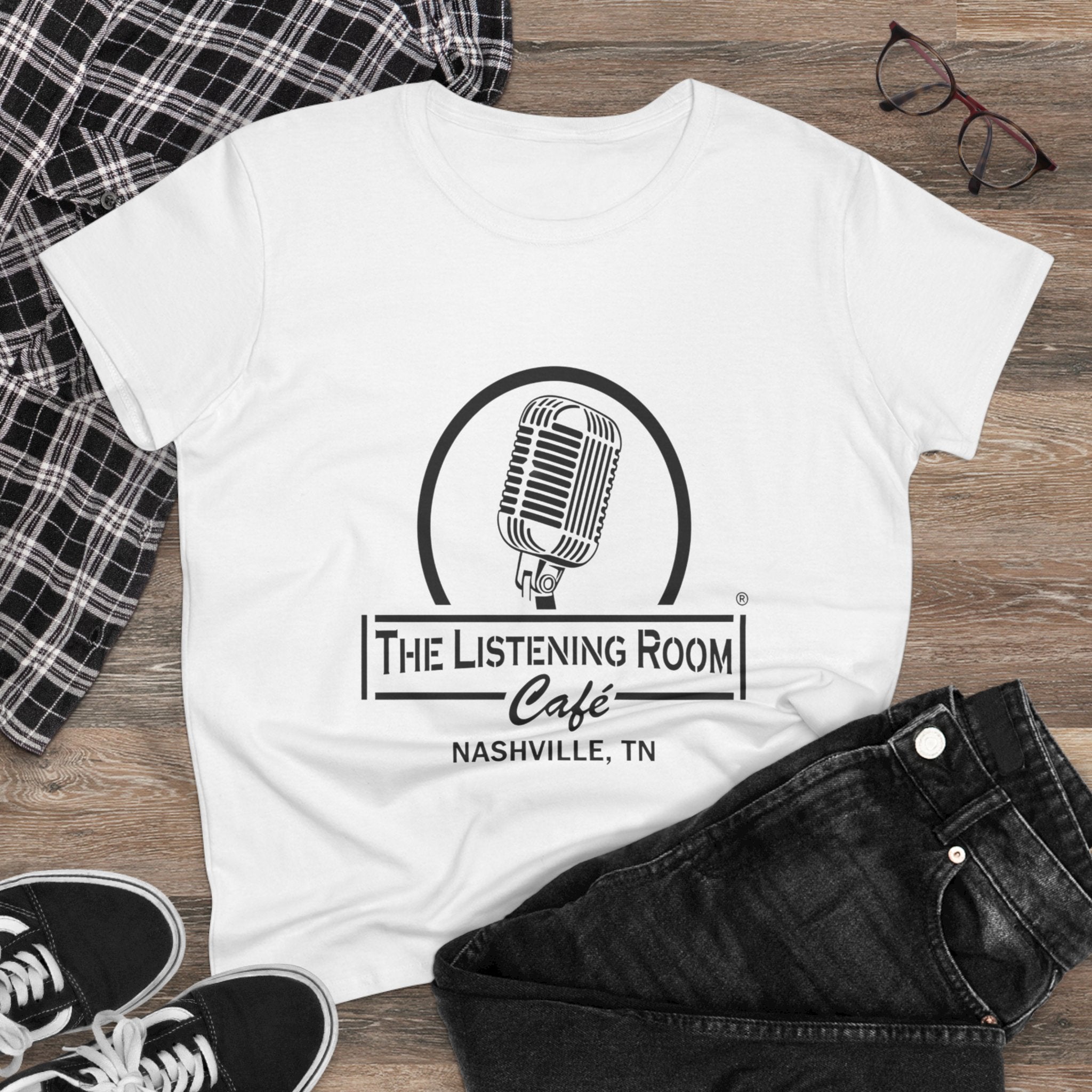 Woman’s Listening Room Café Nashville T‑Shirt — Retro Microphone Logo Tee