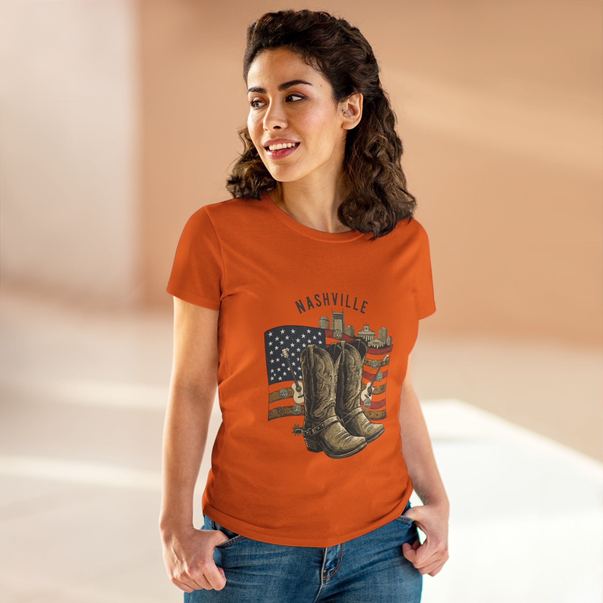 Woman’s Nashville Cowboy Boots Tee — American Flag Western Women's T-Shirt