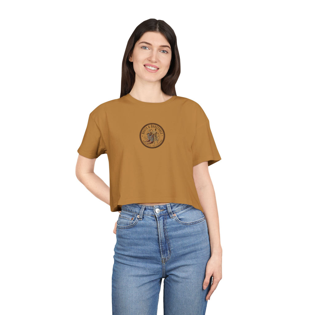 Western Boots & Barstools Crop Tee — Vintage Cowboy Rodeo Graphic