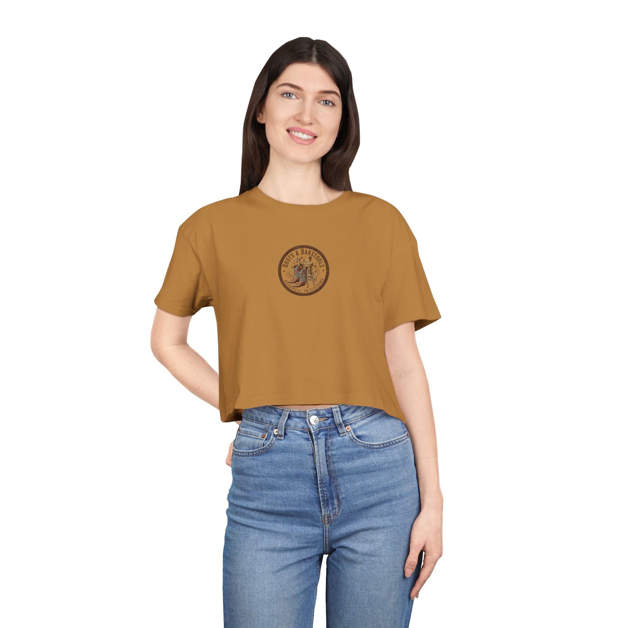 Western Boots & Barstools Crop Tee — Vintage Cowboy Rodeo Graphic