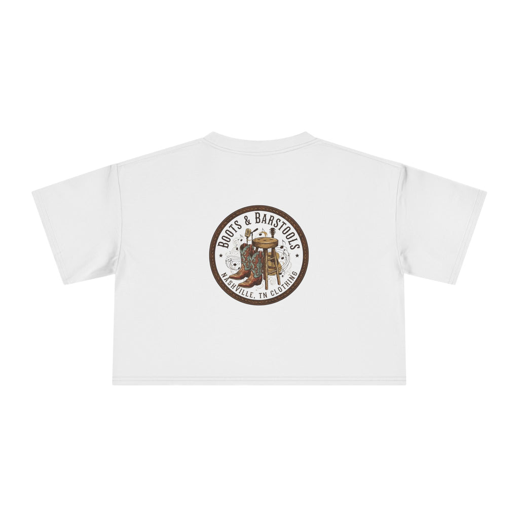 Western Boots & Barstools Crop Tee — Vintage Cowboy Rodeo Graphic
