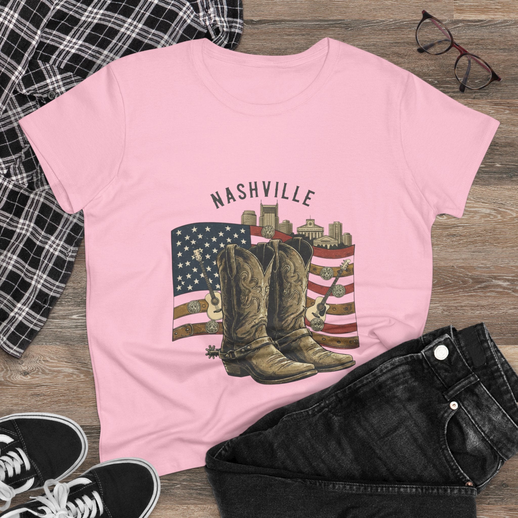 Woman’s Nashville Cowboy Boots Tee — American Flag Western Women's T-Shirt