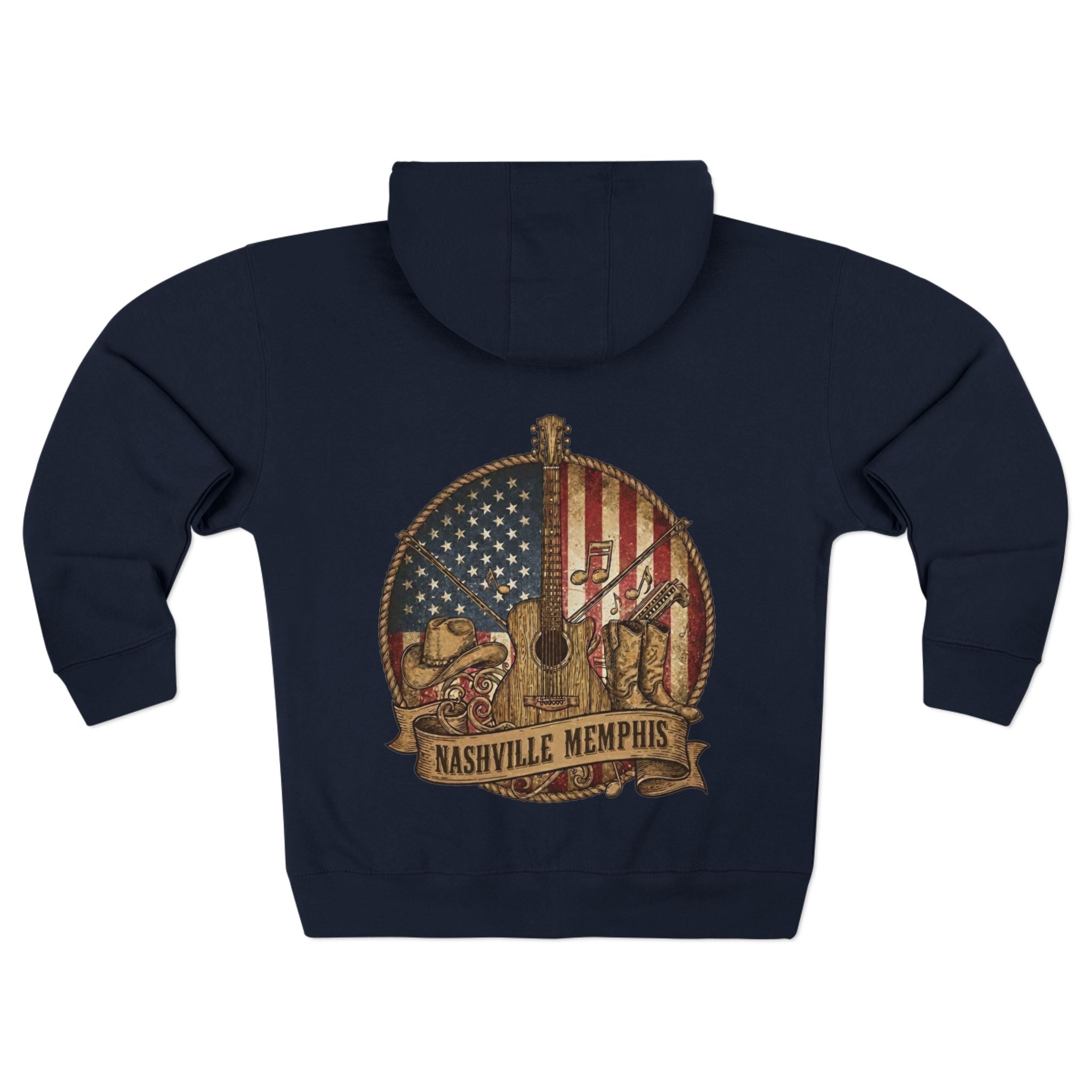 Nashville Memphis Americana Guitar Zip Hoodie — Vintage Flag Music Design