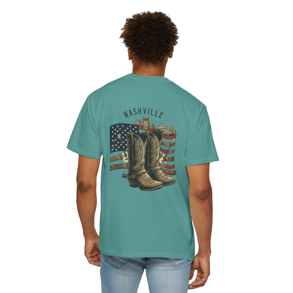 Nashville Cowboy Boots T-Shirt — Vintage American Flag Graphic