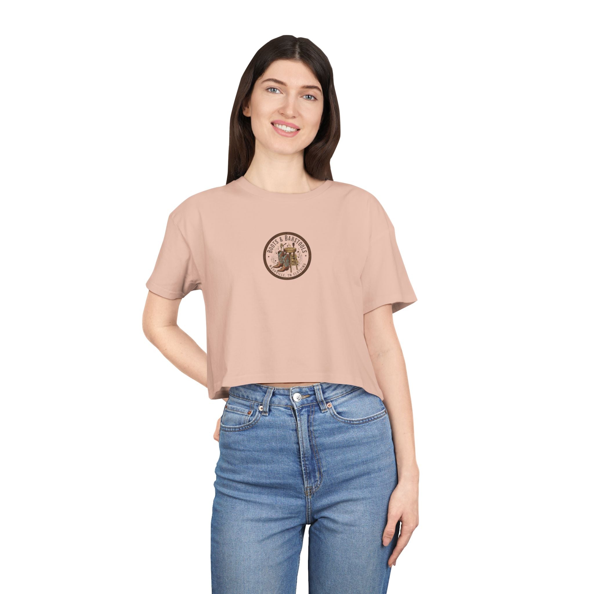 Western Boots & Barstools Crop Tee — Vintage Cowboy Rodeo Graphic