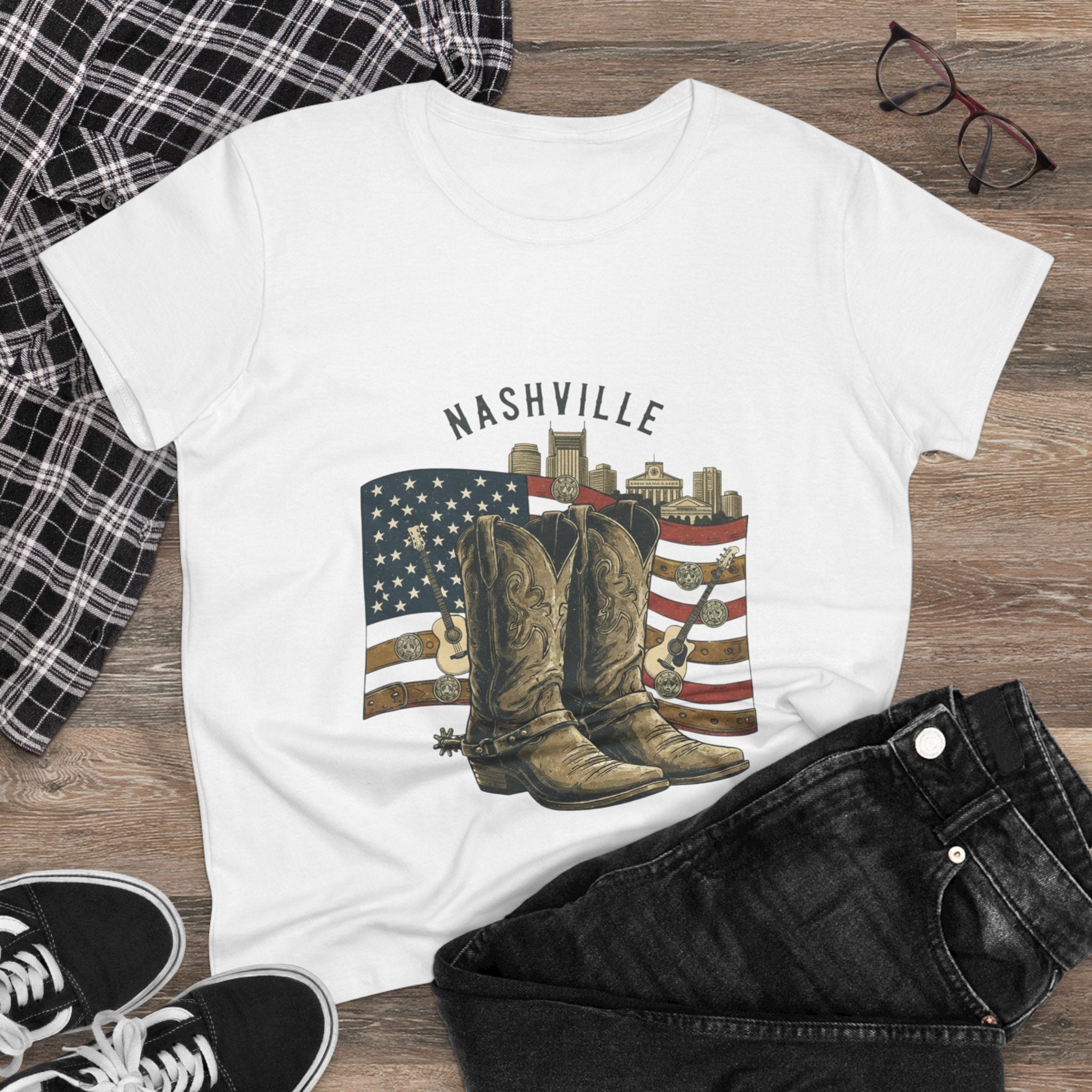 Woman’s Nashville Cowboy Boots Tee — American Flag Western Women's T-Shirt