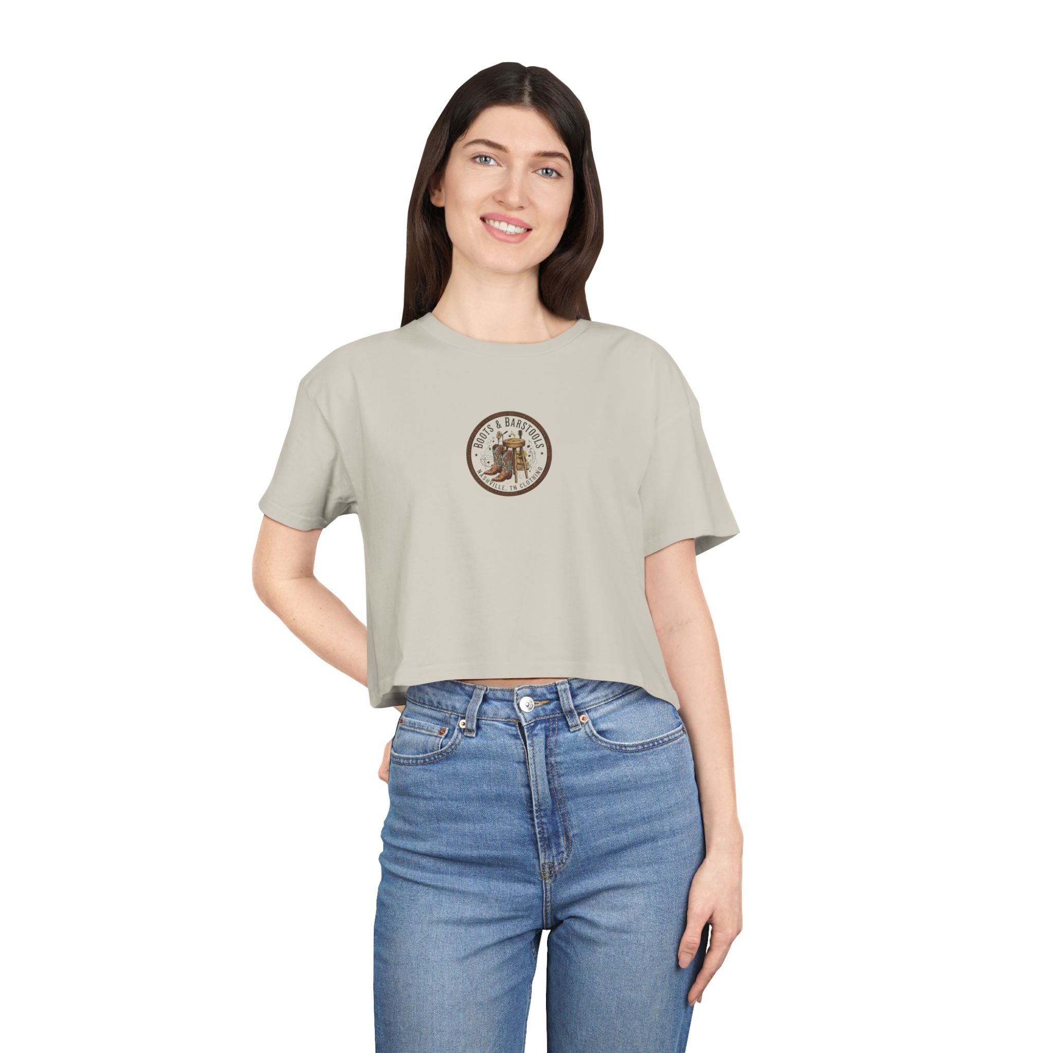 Western Boots & Barstools Crop Tee — Vintage Cowboy Rodeo Graphic