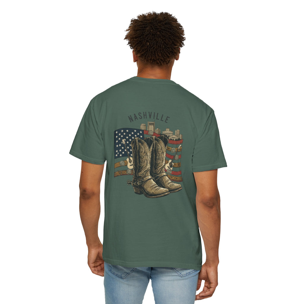 Nashville Cowboy Boots T-Shirt — Vintage American Flag Graphic
