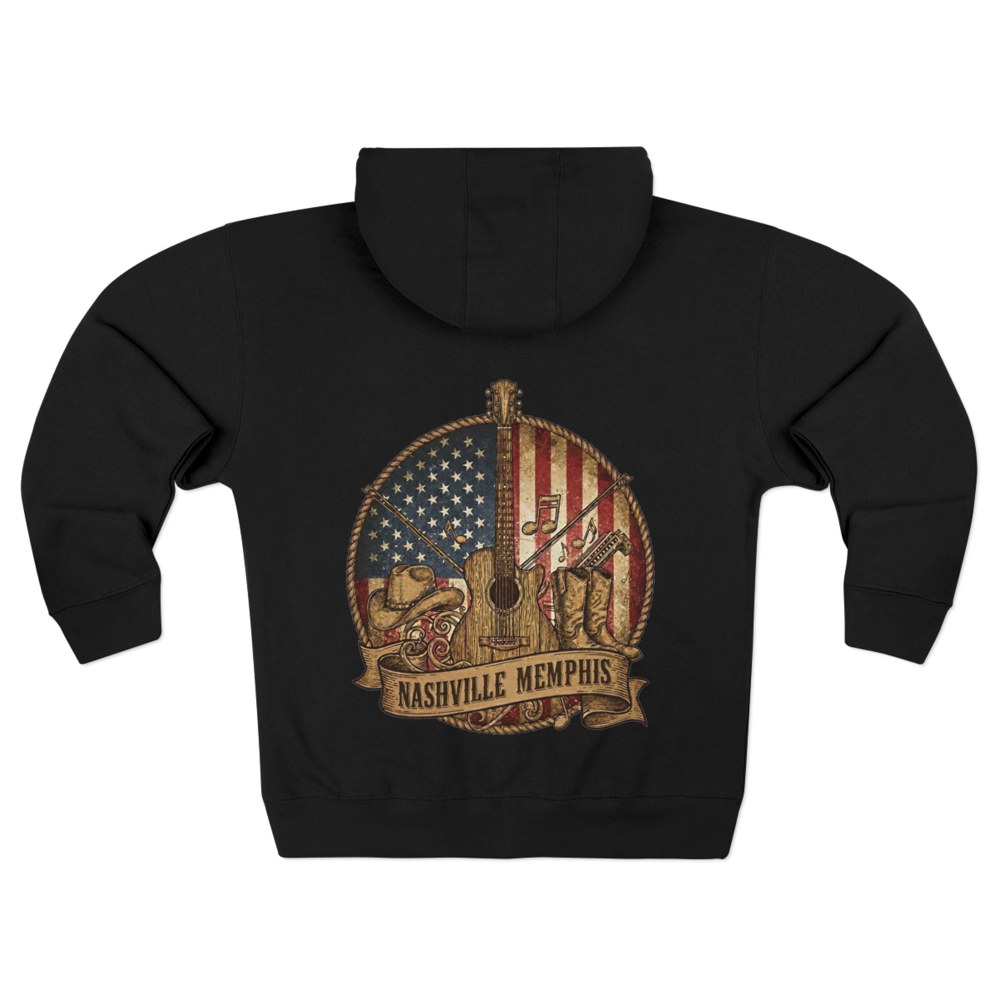 Nashville Memphis Americana Guitar Zip Hoodie — Vintage Flag Music Design