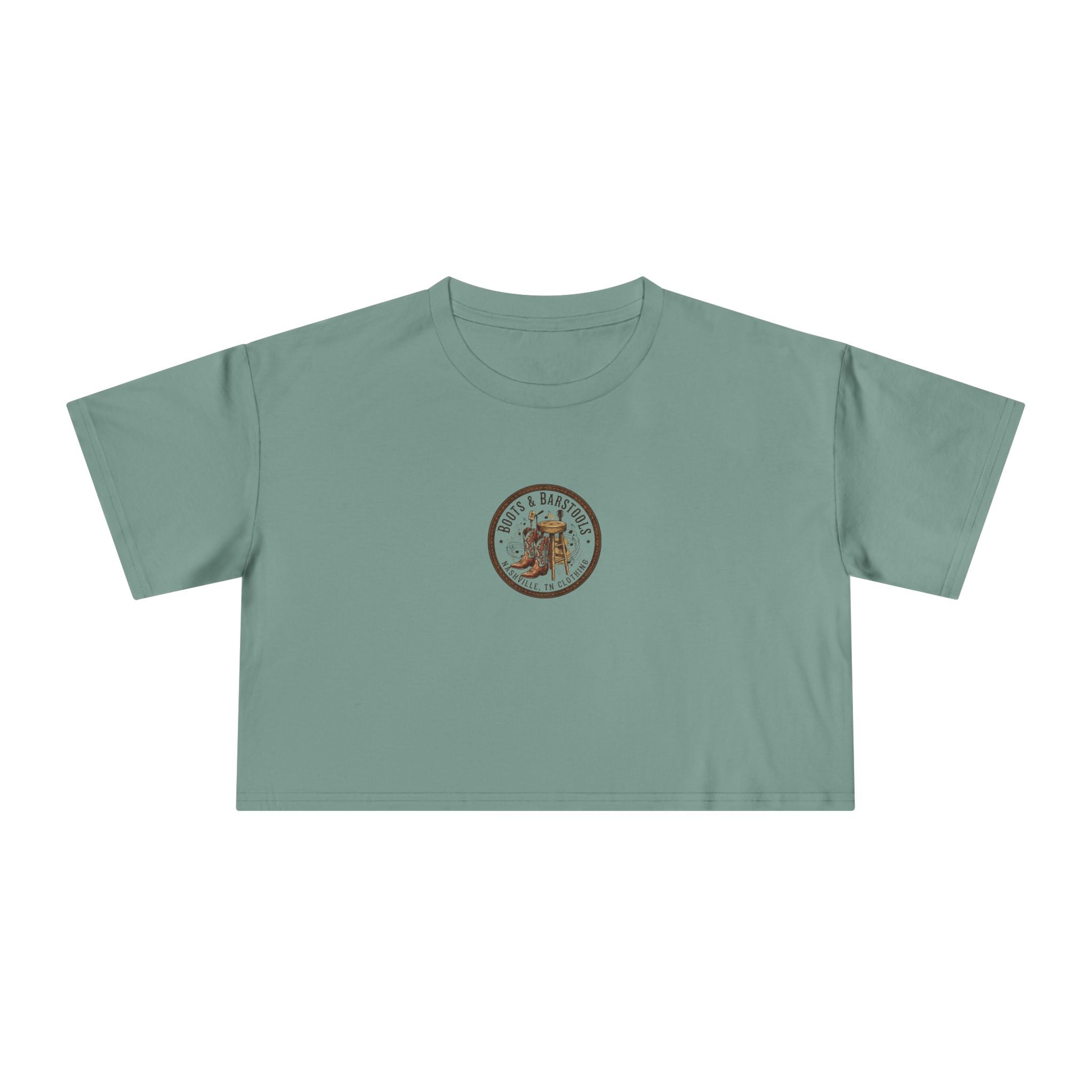 Western Boots & Barstools Crop Tee — Vintage Cowboy Rodeo Graphic