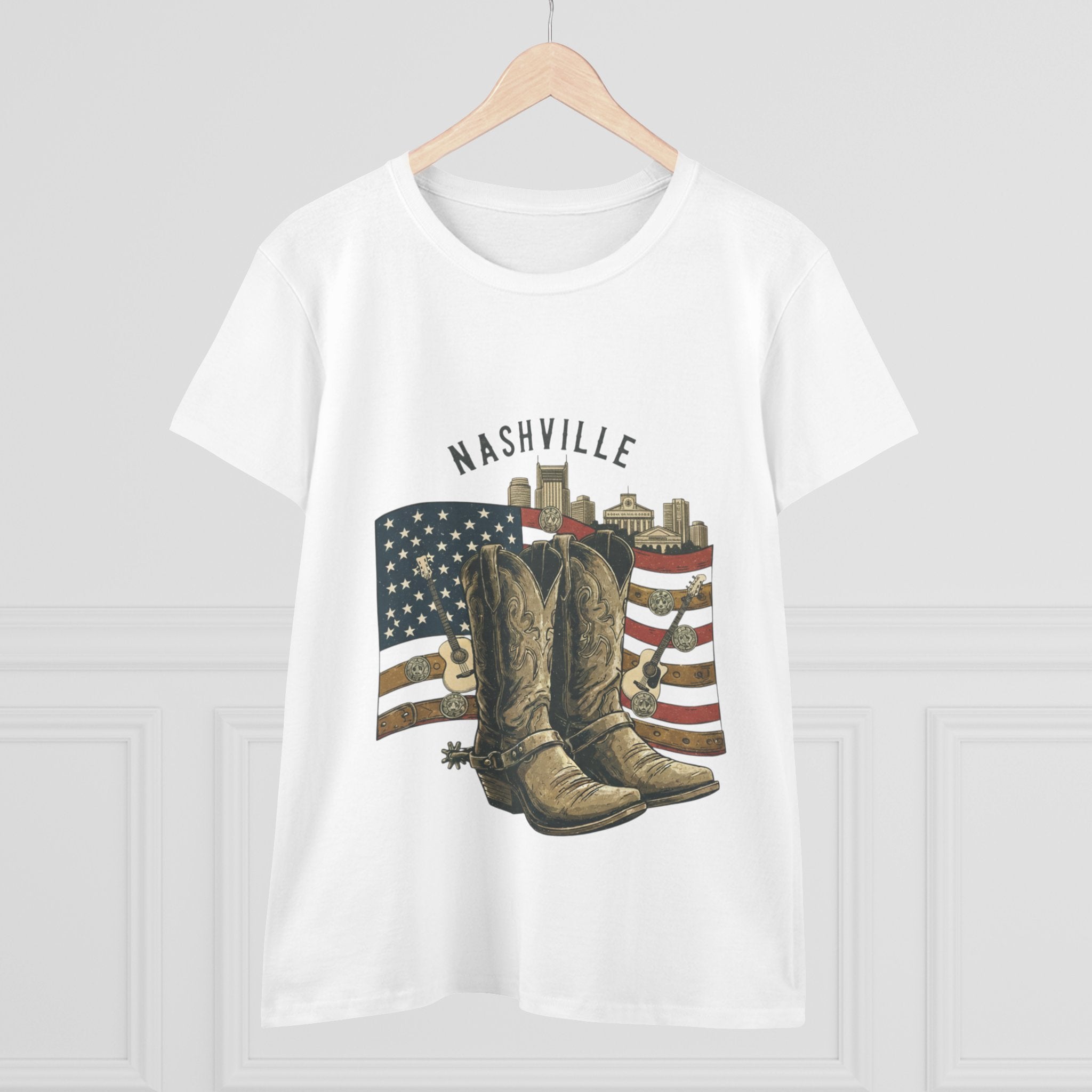 Woman’s Nashville Cowboy Boots Tee — American Flag Western Women's T-Shirt