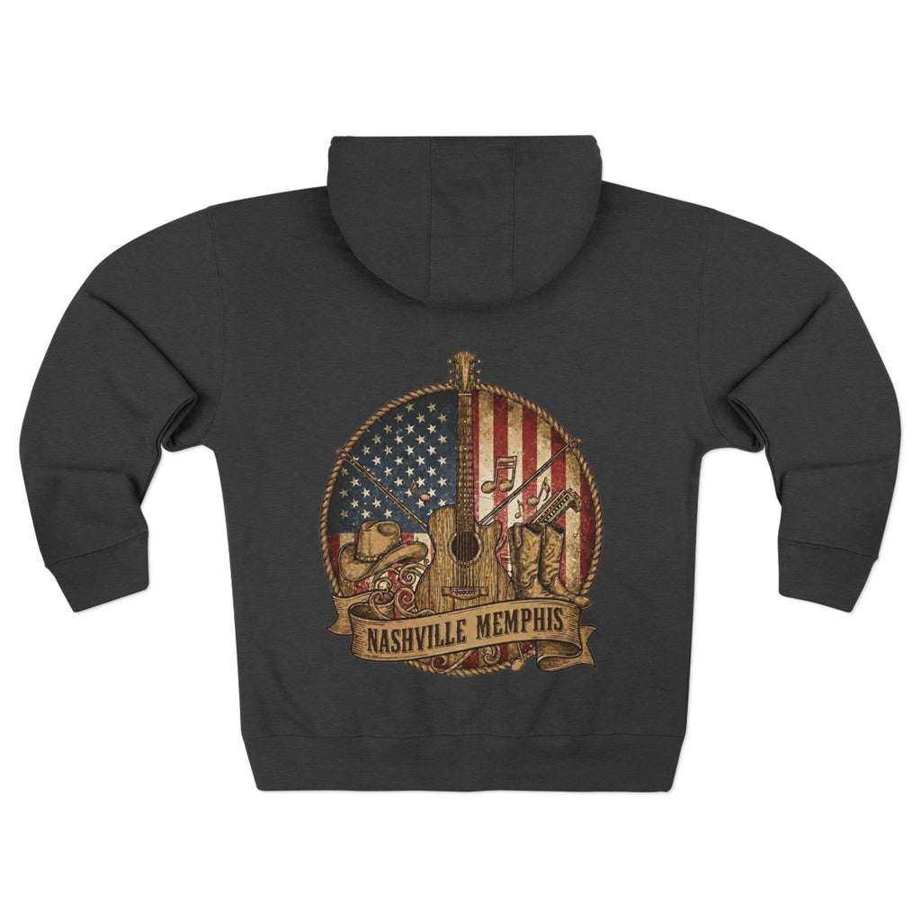 Nashville Memphis Americana Guitar Zip Hoodie — Vintage Flag Music Design