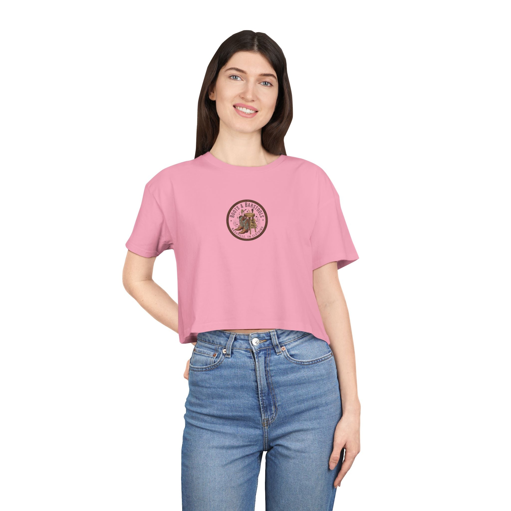 Western Boots & Barstools Crop Tee — Vintage Cowboy Rodeo Graphic