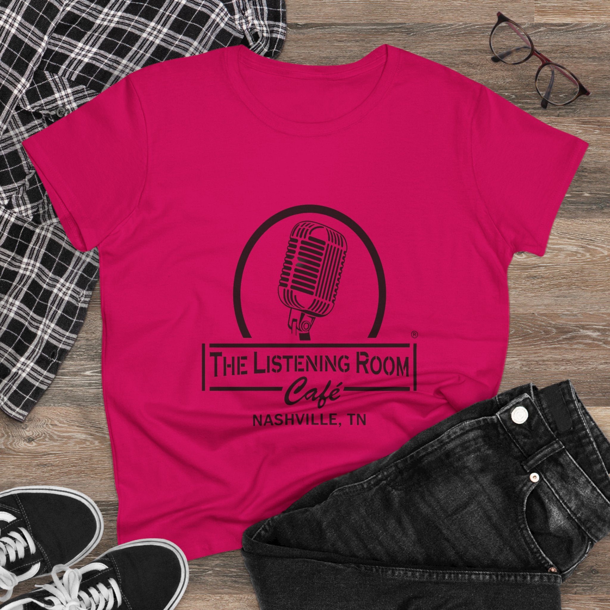 Woman’s Listening Room Café Nashville T‑Shirt — Retro Microphone Logo Tee