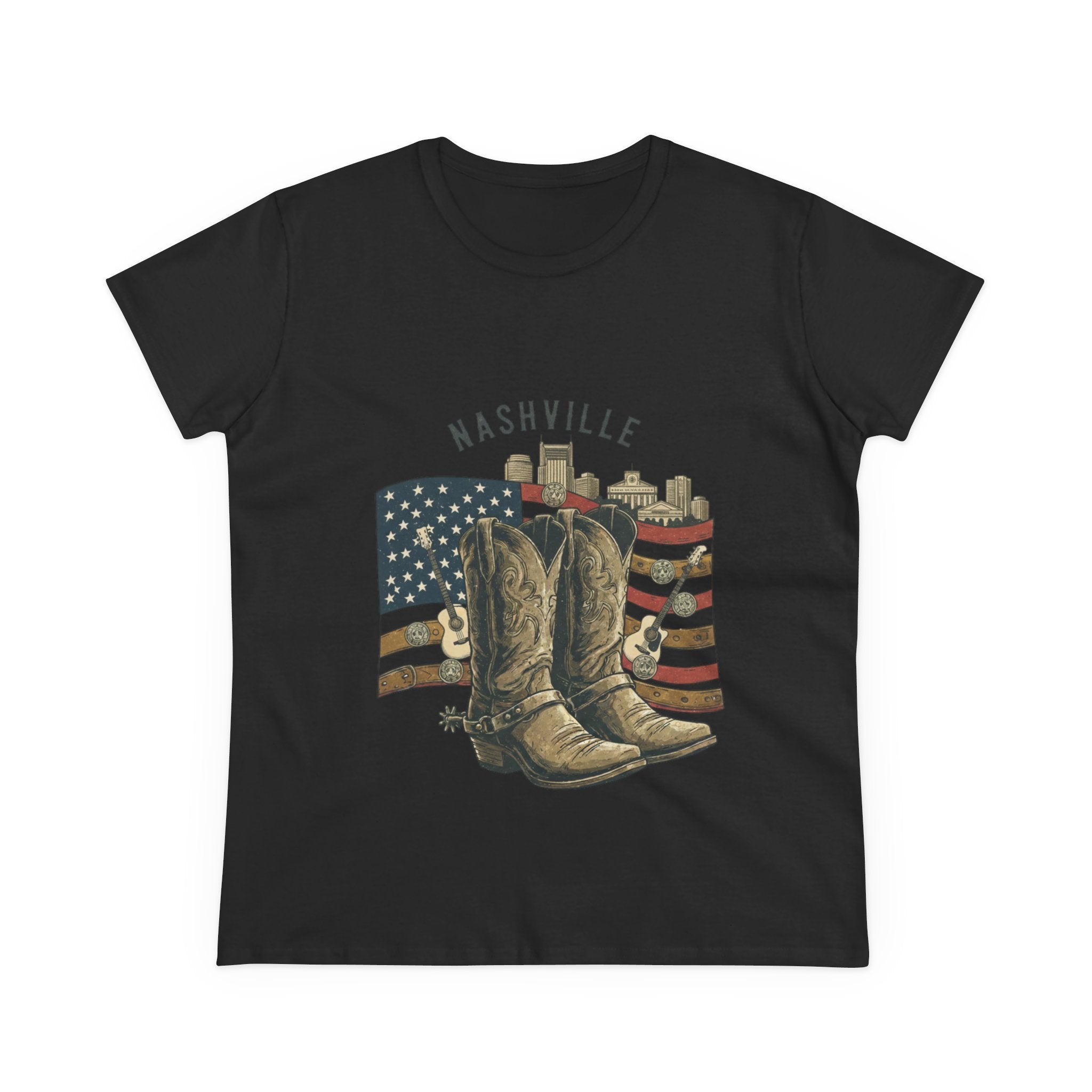 Woman’s Nashville Cowboy Boots Tee — American Flag Western Women's T-Shirt