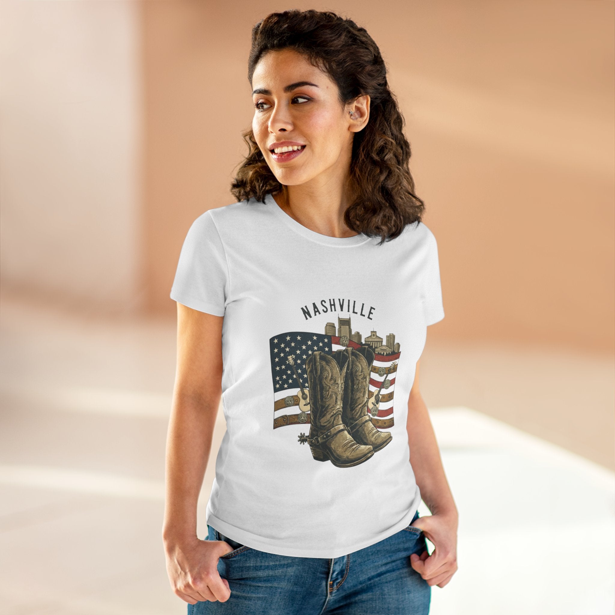 Woman’s Nashville Cowboy Boots Tee — American Flag Western Women's T-Shirt
