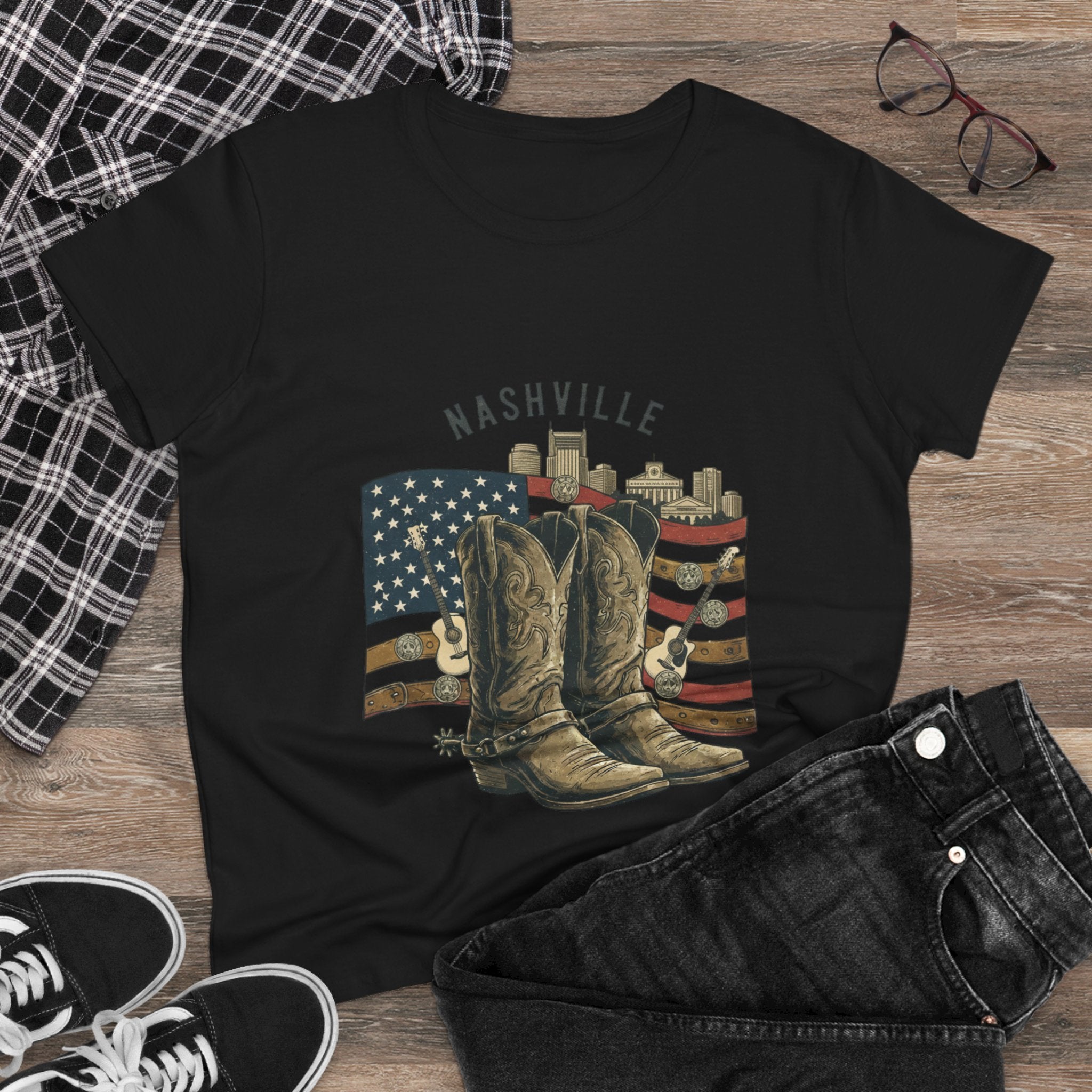 Woman’s Nashville Cowboy Boots Tee — American Flag Western Women's T-Shirt