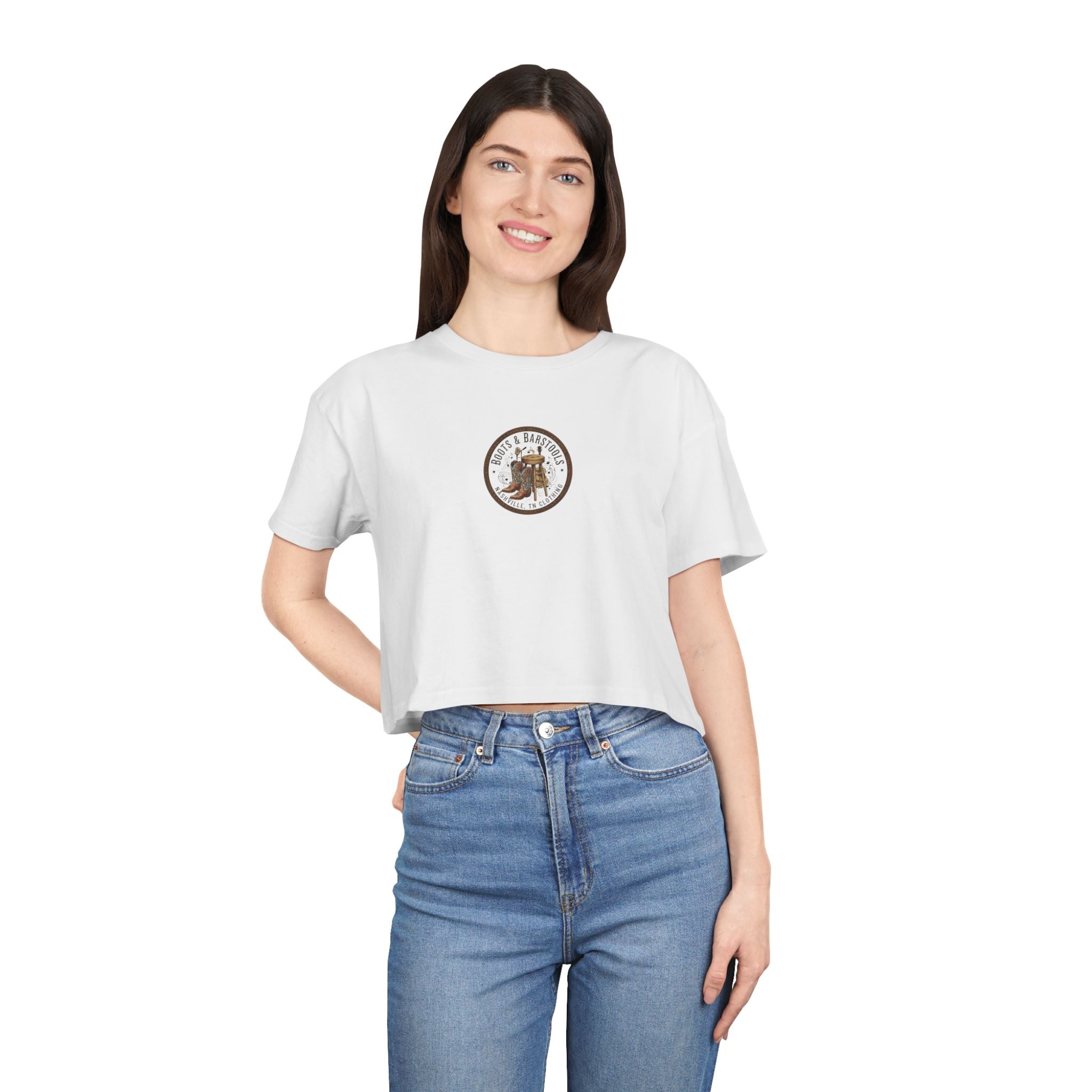 Western Boots & Barstools Crop Tee — Vintage Cowboy Rodeo Graphic