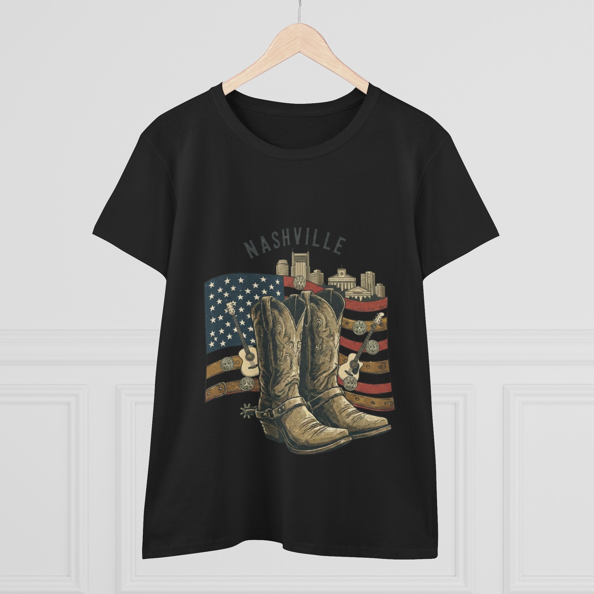 Woman’s Nashville Cowboy Boots Tee — American Flag Western Women's T-Shirt
