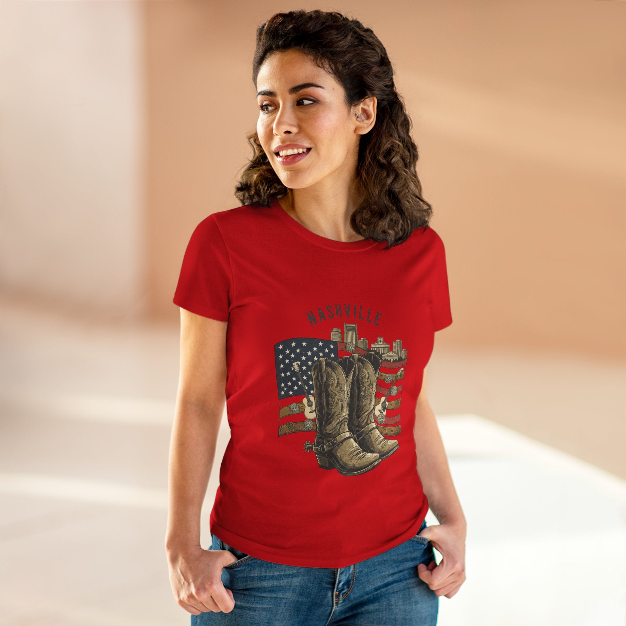 Woman’s Nashville Cowboy Boots Tee — American Flag Western Women's T-Shirt
