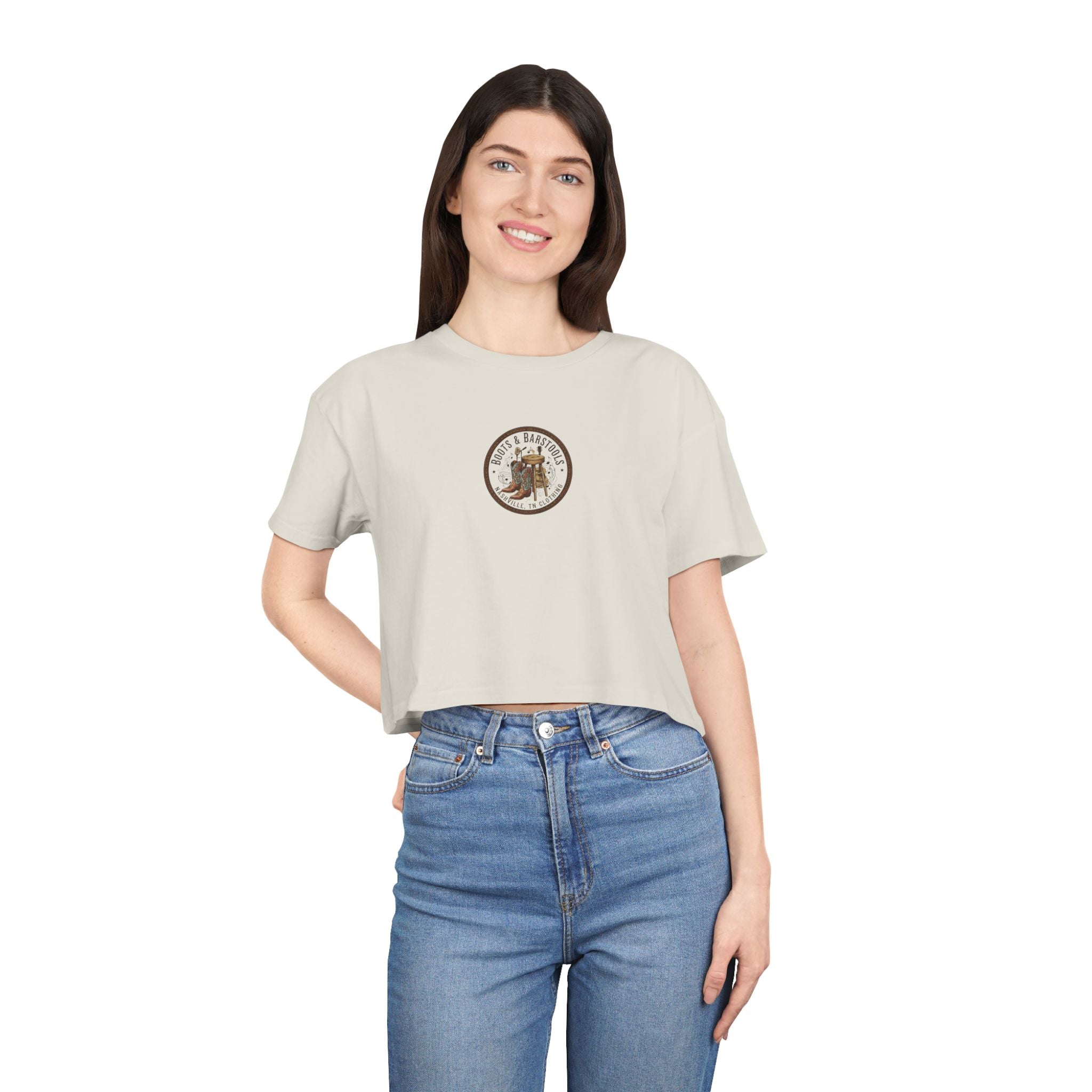 Western Boots & Barstools Crop Tee — Vintage Cowboy Rodeo Graphic